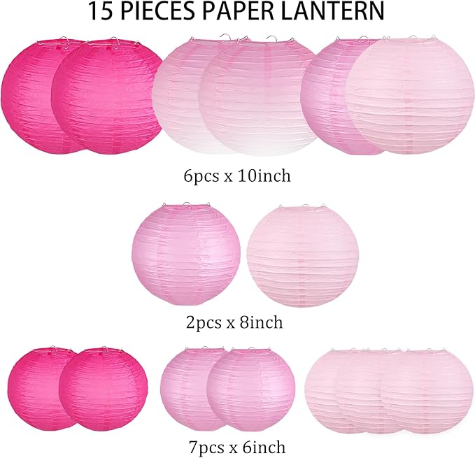 Paper Lanterns Decorative, Gradient Pink Round Hanging Paper Lantern Decorations for Wedding, Valentine's Day, Anniversary, Baby Shower, Girls Birthday Party Supplies, 15Pcs