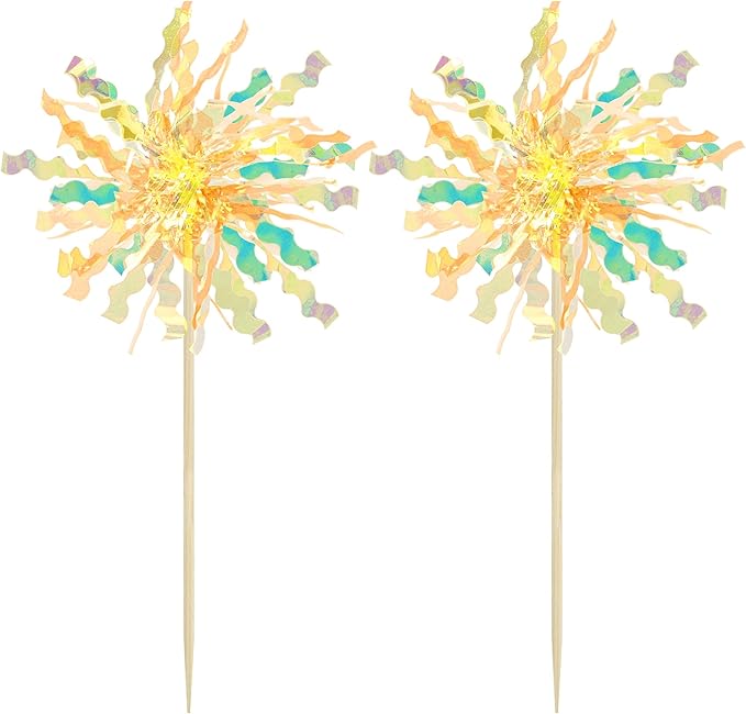 Gyufise 20Pcs Foil Firework Cupcake Toppers Happy Birthday Cake Toppers Tinsel Flower Drink Stirrers Cocktail Food Fruit Toothpicks for Valentine's Day Party Birthday Wedding Supplies Yellow