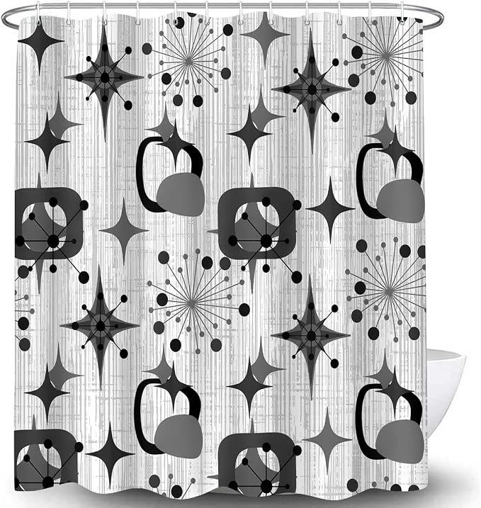Mid Century Shower Curtain, 72x72inch, Modern Abstract Retro Grey Striped Geometric Shower Curtain Sets 1950s Boho Bathroom Shower Curtain with 12 Hooks