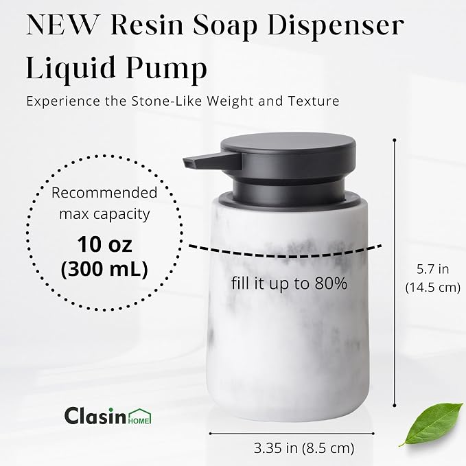 Clasin Home Liquid Soap Dispenser with Easy-to-Press Pump, 10 oz Refillable Hand Soap Dispenser with Extended Spout for Bathroom Kitchen Dish Lotion, Modern Stone Texture (White)