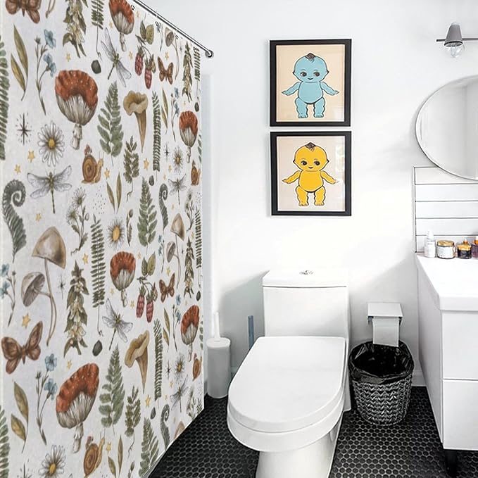 Mushroom Shower Curtain for Bathroom, Farmhouse Country Wild Floral Daisy Botanical Mushroom Cottagecore Nature Plants Herbs Retro Waterproof Fabric Shower Curtain Set with Hooks, 72"x84" Inch