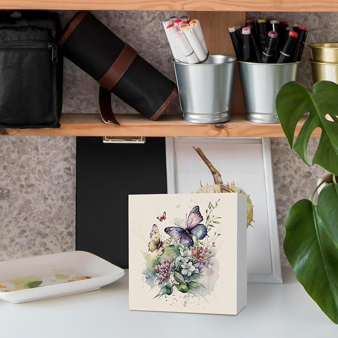 Vintage Butterfly Floral Wooden Box Sign Desk Decor, Butterfly Bathroom Decor, Butterfly Decorative Signs Decor for Girls Room Bedroom, Farmhouse Flower Home Shelf Desk Decor 5x5 Inch