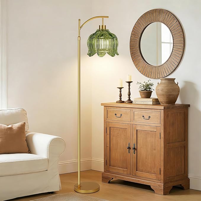 ILLMTW Glass Floor Lamp for Living Room,Bedroom,Gold Mid Century Modern Standing Lamp with Remote,Dimmable Brass Tall Lamp Vintage Tulip Green Arc Flower Floor Light Boho Bohemian