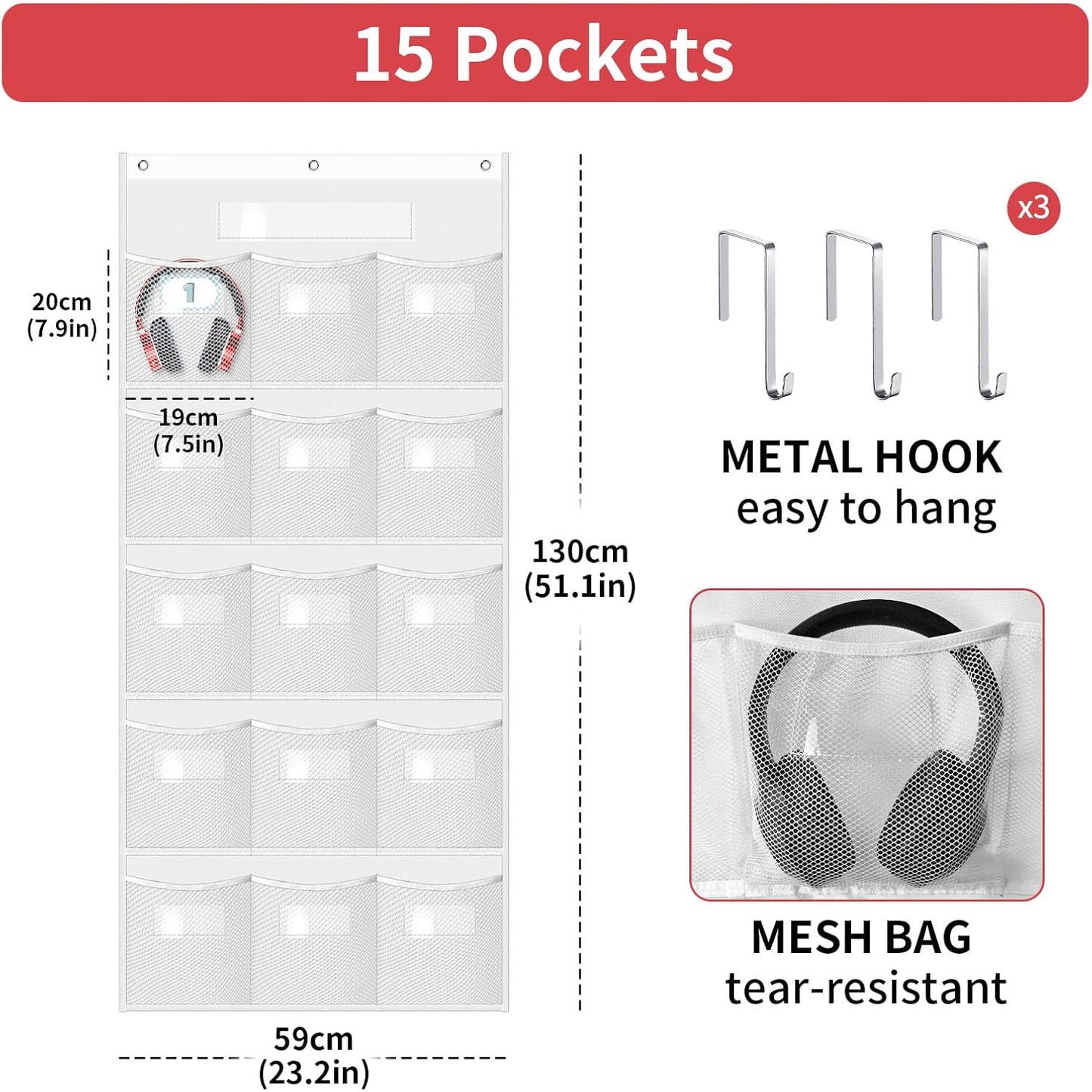 Skiennix Headphone Storage Organizer - 15 Durable Mesh Pockets for Classroom & Library | Includes 61 Cards & 3 Hooks