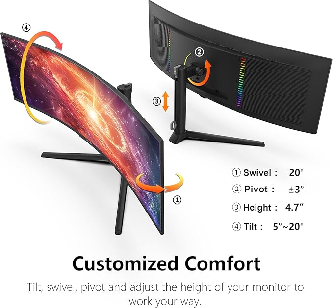 INNOCN 49" 49Q1S OLED Curved Gaming Monitor 5120 x 1440p 240Hz, 0.03ms, USB Type C 90W, HDMI 2.1, DisplayPort, USB Hub, Surrounding Speakers, Adaptive-Sync, Height Adjustable Stand, Black