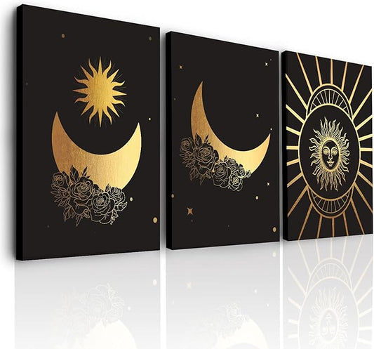Tarot Canvas Wall Art Abstract Sun Moon Phases Floral Print Poster Black Gold Aesthetic Art Astrology Pictures Artwork Vintage Paintings Decor for Bedroom Living Room Home Decoration 12x16” Set of 3