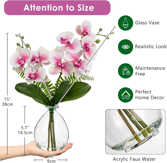 Oairse Pink Orchids Artificial Flowers, Faux Orchid in Glass Vase Real Touch Small Phalaenopsis Orchid Flowers Arrangements with Clear Vase Orchids Centerpiece for Dining Room Table