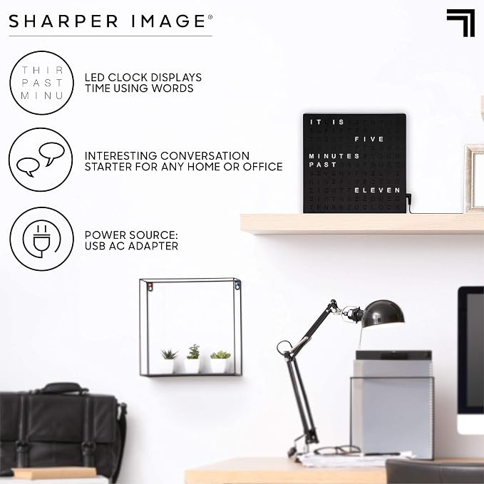 Sharper Image LED Word Digital Clock, 7.75", Black Finish, Light-Up Desk & Wall Clock, Modern Time Display, Shelf or Wall Decor for Home Office, Living Room, Kitchen & Bedroom, Housewarming Gift
