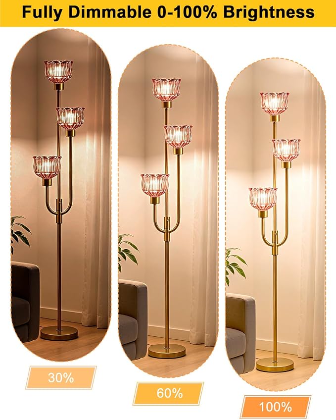 Lightdot 3-Lights Modern Glass Floor Lamp 66IN Gold Dimmable Floor Lamps with 3000K Warm White Bulbs for Wedding Party Tall Standing Lamp with Deep Red Glass Shade for Living Room/Bedroom/Home Decor