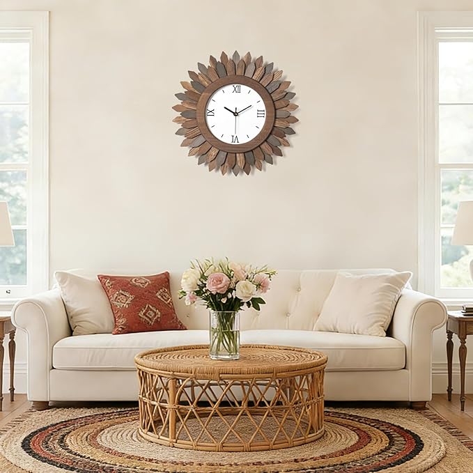 Honiway 14 Inch Wall Clocks Battery Operated Silent Non Ticking Rustic Wood Boho Sunburst Decorative Wall Clock for Living Room Kitchen Bedroom Farmhouse Office Decor (Tricolor-Roman Numerals)