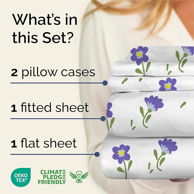 Floral Sheets - Purple Floral Bed Sheet Set - 1 Flat, 1 Fitted & 2 Pillowcases w/ Deep Pockets - Comfy, Wrinkle & Fade Free - Boho Botanical Bedding - Ultra-Soft, Breathable & Cooling - Queen Size Set