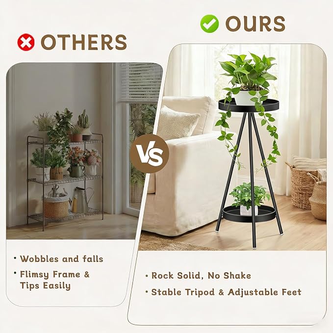 2 Tier Tall Plant Stand Indoor Outdoor, 31.5" Metal Modern Flower Corner Holder, Black Iron Plant Shelf Rack, Heavy Duty for Small Spaces, Bedroom & Balcony
