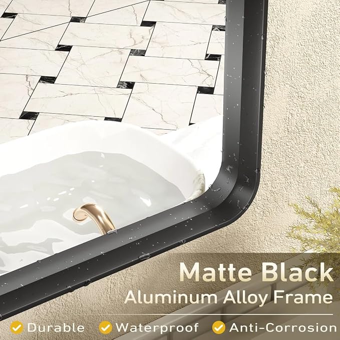 22x30 Inch Black Metal Framed Bathrrom Mirror for Wall, Matte Black Rectangle Mirror, Rounded Corner, Anti-Rust (Horizontal/Vertical)