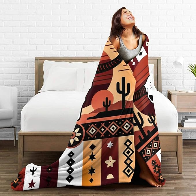 Western Boho Bull Skull Blanket Southwest Aztec Tribal Southwestern Navajo Throw Blanket Soft Cozy Fleece Fuzzy Stuffed Plush Flannel Gifts for Girls Women Boys Kids Adults 50''x60''