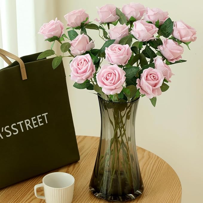 15Pcs Pearl Pink Roses Artificial Flowers Fake Roses Long Stem Velet Rose Silk Flowers for Home Wedding Decoration (Pearl Roses,Pink)