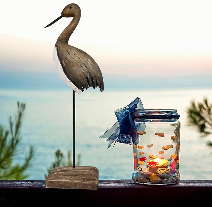 Wood Bird Statue Nautical Decor Decorative Sea Birds Sculpture Wooden Tabletop Figurine Coastal Ocean Beach Themed Decoration for Home Yard Bathroom Living Room (6.7" + 12.4" H)
