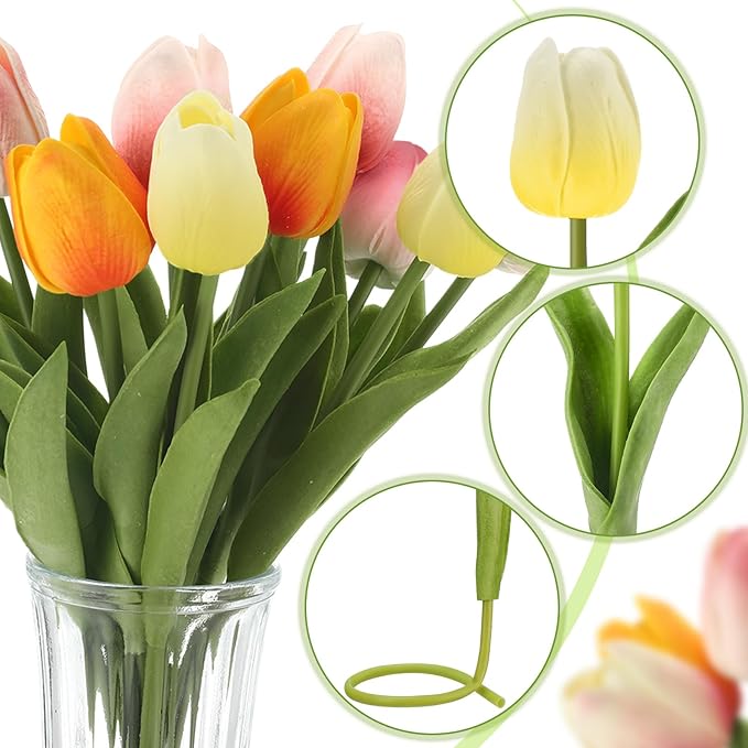 Janinka 64pcs Artificial Tulip Flowers Fake PU Tulips Faux Latex Bouquet Flower Centerpieces Arrangement Floral for Mother Day Wedding Spring Decorations (Multicolor)