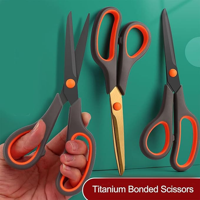 Scissors, Rkqoa 8" All Purpose Titanium Scissor Set of 3 Pack - 2.5mm Thick Sharp Scissors Bulk for Office School Sewing Craft Supplies, Classroom Must have, Teacher/Class Shears, Right/Left Handles