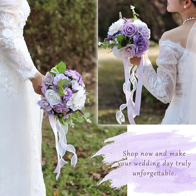 Lavender Purple Wedding Bouquets for Bride Bridesmaid,Lilac Bridal Bouquet Artificial Fake Silk Roses Flowers for Wedding Boho French Vintage Rustic Church Decoration Toss Bouquet (8.6in(M))