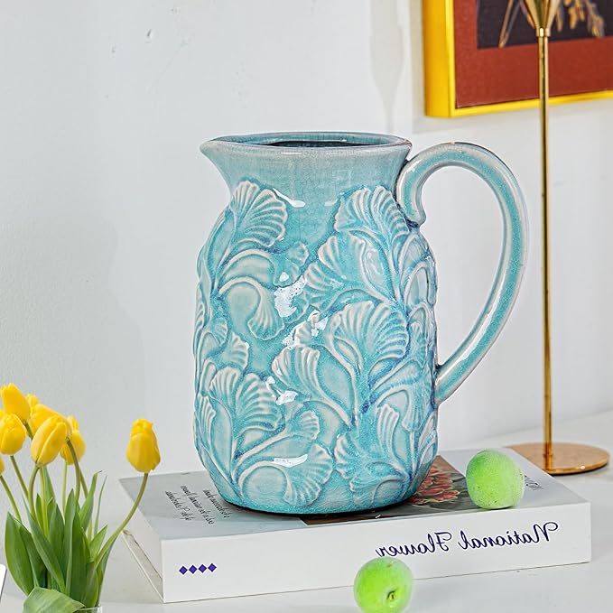 Sungmor Embossed Ceramic Pitcher Vase, Decorative Blue Farmhouse Ceramic Pitcher for Flowers, Vintage Textured Vase for Table, Kitchen & Home Decor, 8 Inch with Ice Crackle Glaze Finish
