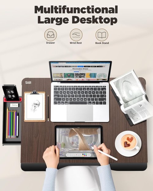 SAIJI XX-Large Laptop Desk - Foldable Bed Tray Table with Storage Drawer & Handrest | Black Cherry