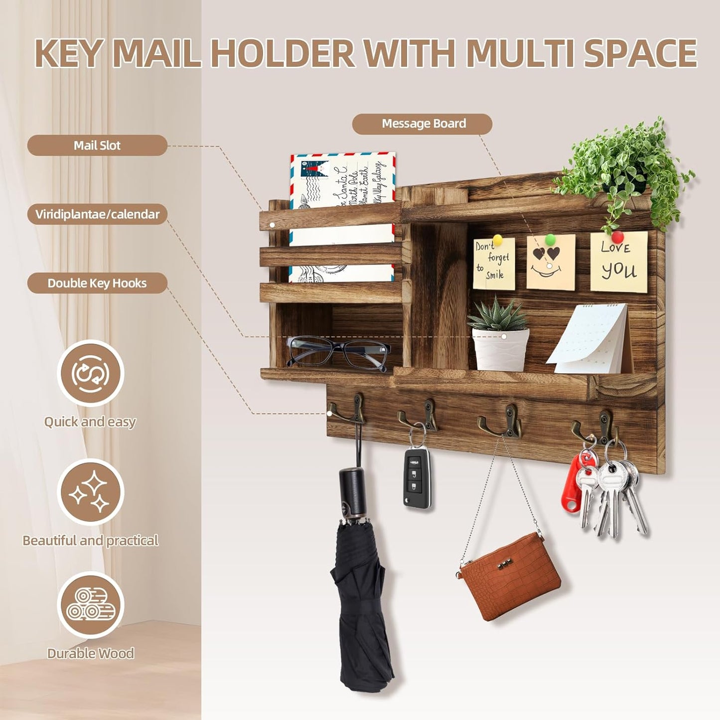 Skiennix Key Holder Wall Mount - Solid Wood Organizer with 8 Hooks for Entryway | Burnt Brown