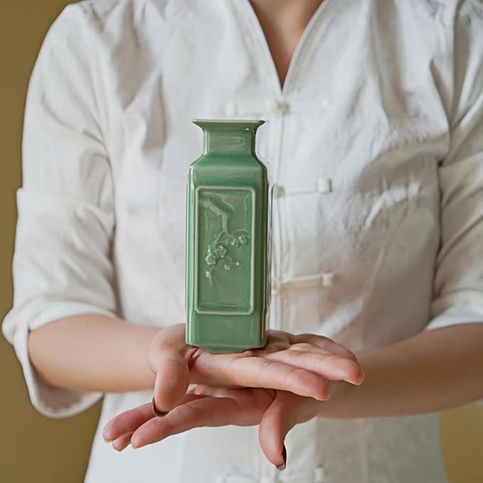 Handmade Sage Green Vase – Small Jade Green Ceramic Bud Vase (5.5in), Oriental Pottery Decor for Table, Shelf, or Meditation Space