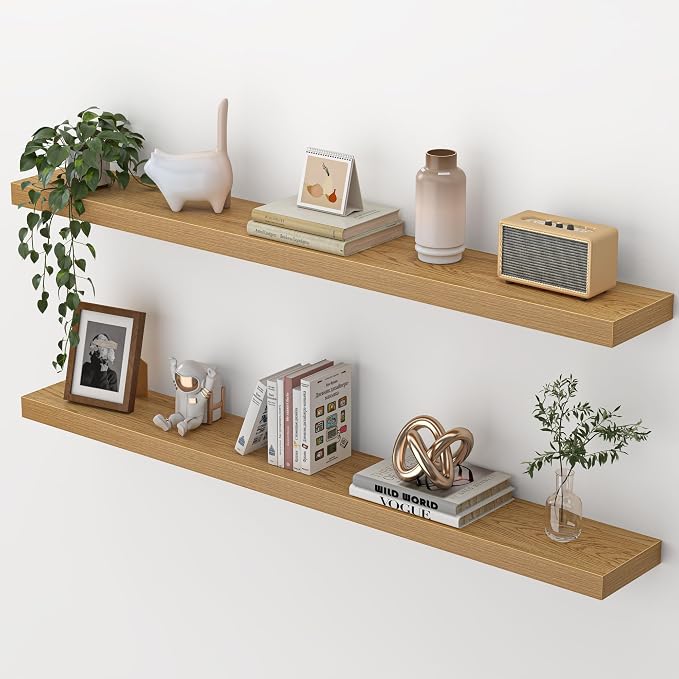 Heimlove 48 Inch Floating Shelves for Wall,Extra Long Wood Shelves Mounted Storage Hanging Shelf Invisible Bracket for Bedroom,Living Room,Kitchen,Office,Set of 2,Oak Color