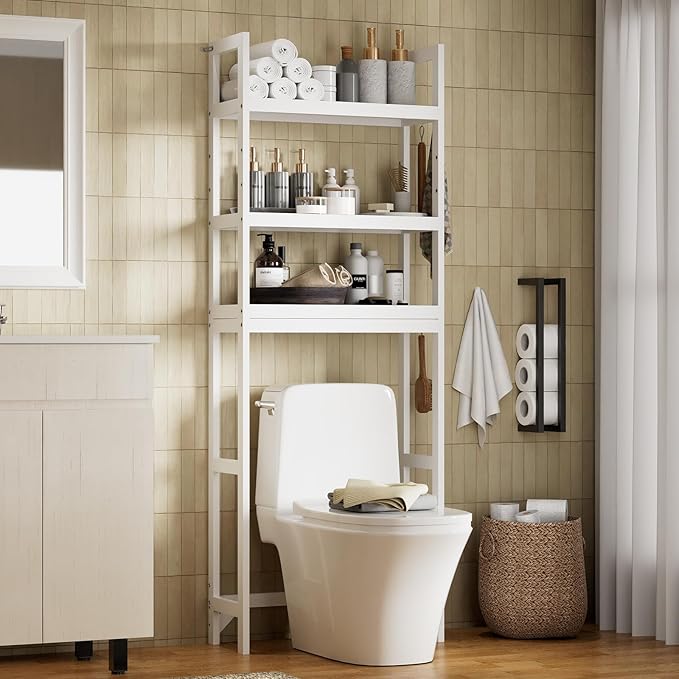 Over the Toilet Storage Cabinet, 3 Tier Over Toilet Bathroom Organizer with Adjustable Shelves and Hooks, Freestanding Wood Bathroom Shelves Over Toilet for Space Saver (White)