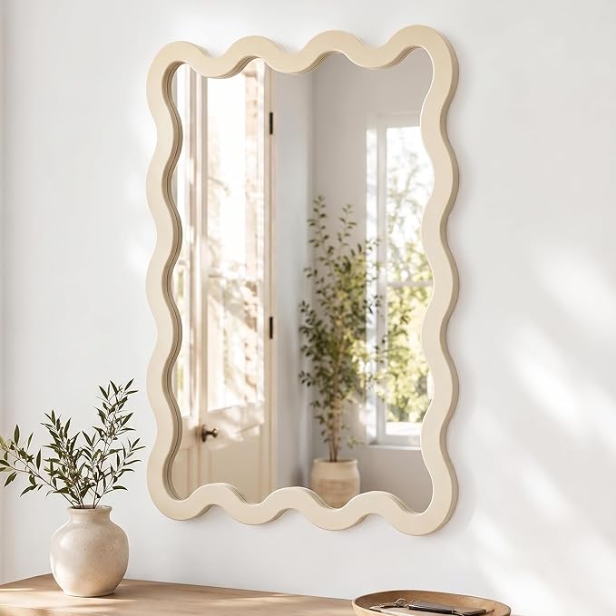 22"x30" White Wavy Wall Mirror for Vanity, Cream Solid Wood Irregular Mirror for Bedroom, Cute Squiggle Mirror for Aesthetic Decor, Small Asymmetrical Curvy Frame
