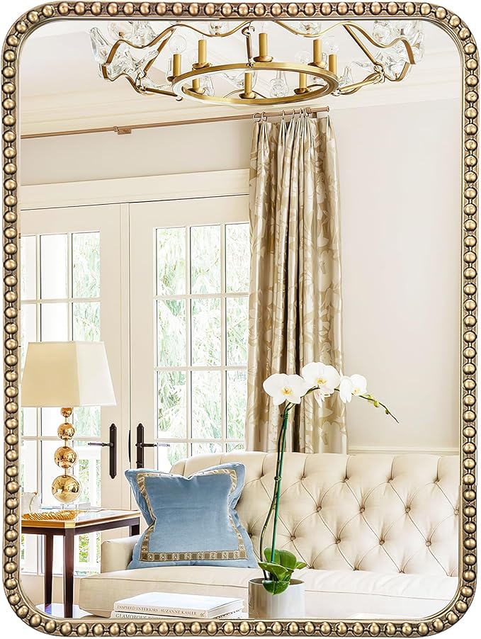 24"x36" Champagne Bronze Mirrors for Bathroom, Brass Vintage Bathroom Wall Mirror with Beaded Frame, Gold Beaded Mirror for Vanity Ornate Bedroom