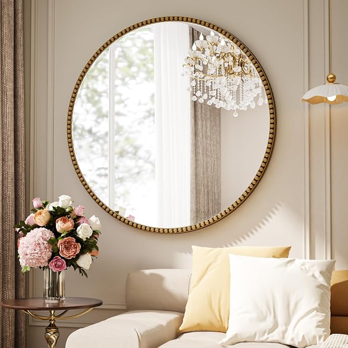 24 Inch Round Bathroom Mirror - Luxurious Retro Beaded Circle Decorative Wall Mirror with PU Frame Hanging Leaning as Art Decor for Entryway, Bedroom, Living Room, Hallway, Gold
