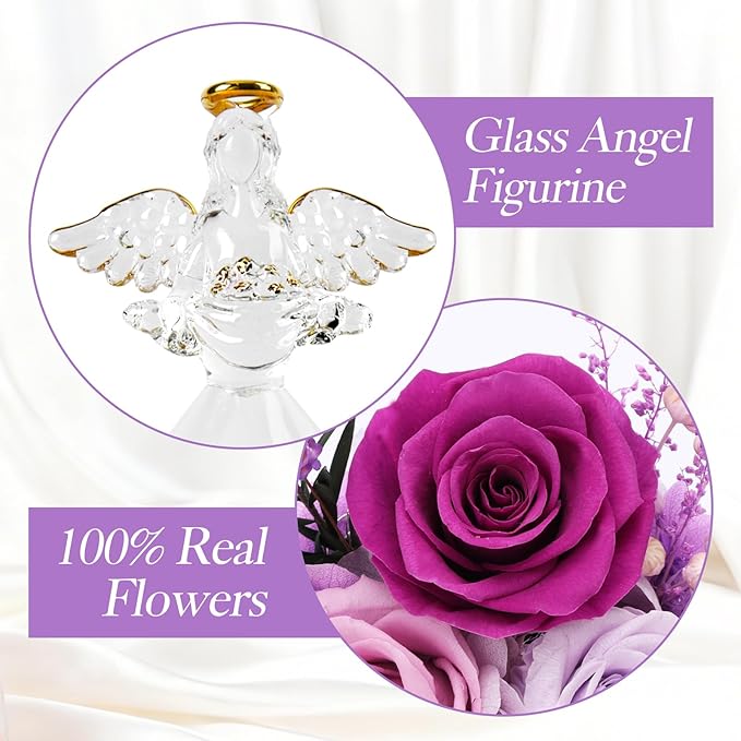 Christmas Rose Gifts for Women, 7" Purple Preserved Roses Flowers in Glass Angel Figurine, Birthday Gift for Mom Wife Grandma, Eternal Rose for Mothers Day Valentines Anniversary