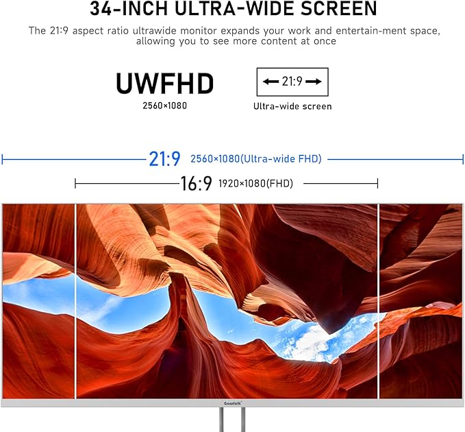 Gawfolk 34 Inch IPS Ultrawide 120Hz Gaming Computer Monitor, 21:9 UWFHD (2560x1080) PC Screen, 120% sRGB, Adaptive Sync, 178° Viewing Angle, Display Port, HDMI, Compatible with Wall mounting - White
