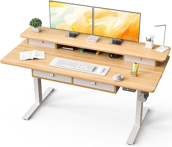 Kingant Standing Desk with Fast Charging USB Ports, 63" x 30" Height Adjustable Home Office & Gaming Desk, Sit Stand Desk with Built-in Storage Shelf, Hook & Ergonomic Design(Maple)