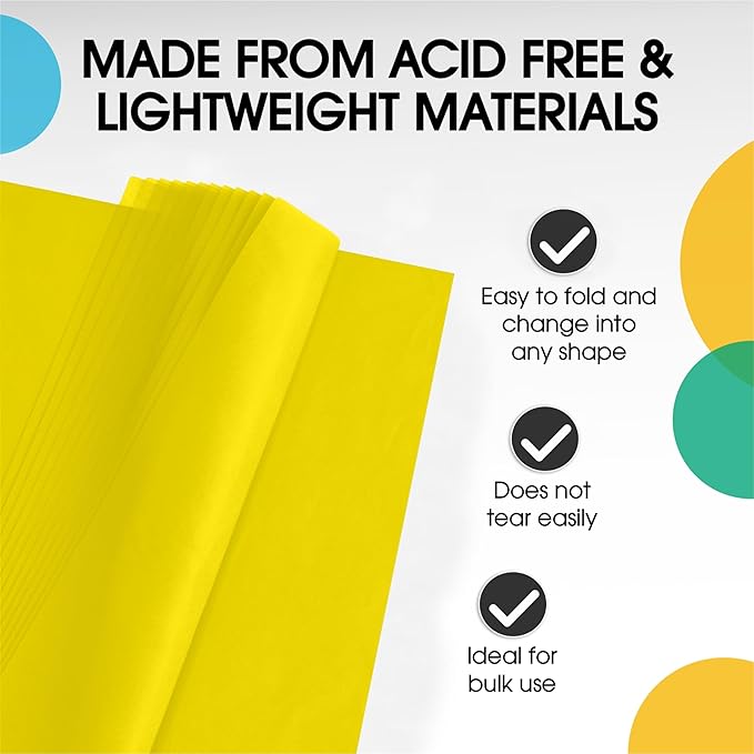 Party Solids Yellow Tissue Paper for Gift Bags - 15" X 20" Bulk Tissue Paper Yellow 480 Sheets - 10lb Newsprint for Packing, Birthday Gift Box Filler, Packing Supplies for Moving Supplies