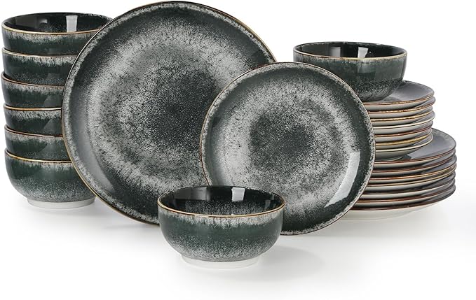Sweejar 24 Piece Dinnerware Sets for 8,Porcelain Plates and Bowls Set for Kitchen,Housewaring Gift,Chip and Scratch Resistant, Easy Cleaning Dishes Set, Stack Compactly Dishware,Dark Green