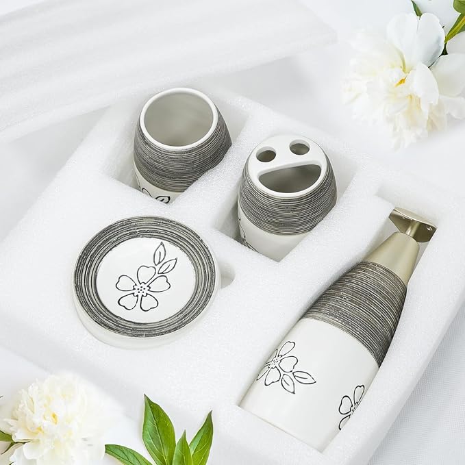 CERBIOR Bathroom Accessories Set,4 Pcs Ceramic Bathroom Decor Accessory,Includes Toothbrush Holder, Toothbrush Cup, Soap Dish for Decorative Countertop and Housewarming Gift, (White Flower)