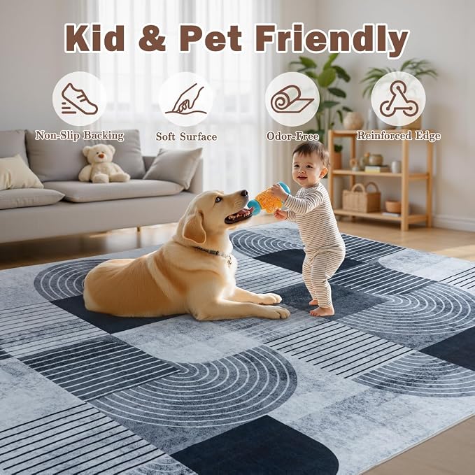 5x7ft Area Rugs for Bedroom Living Room - Soft Mid Century Modern Rug, Washable Non-Slip Grey Rug Indoor Floor Abstract Carpet for Dining Room Nursery Office Home Decor