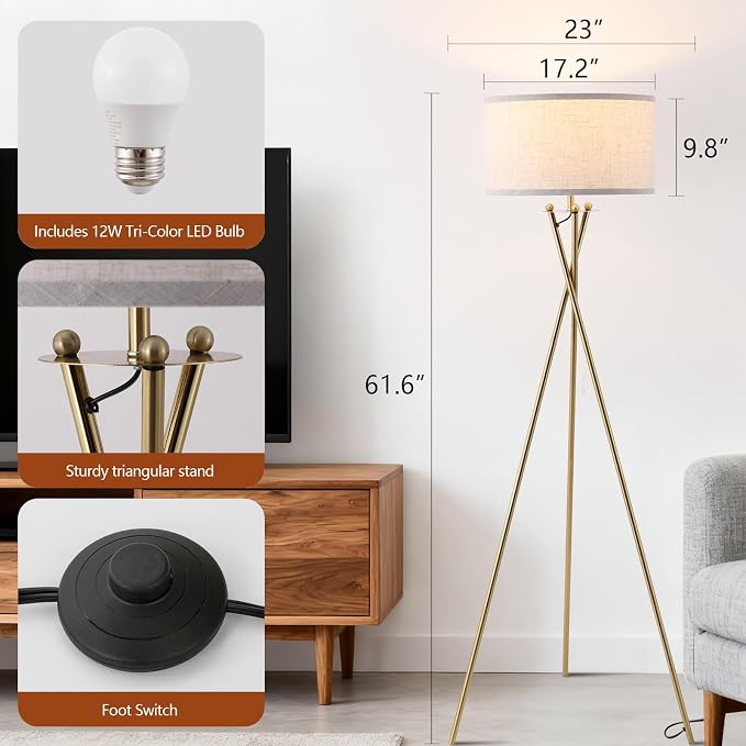 EOEYYOYB Modern Tripod Floor Lamp, Mid Century Reading Standing Lamp with 3 Color Temperatures and Foot Switch, Modern Night Light for Living Room, Bedroom, Office Décor, Gold