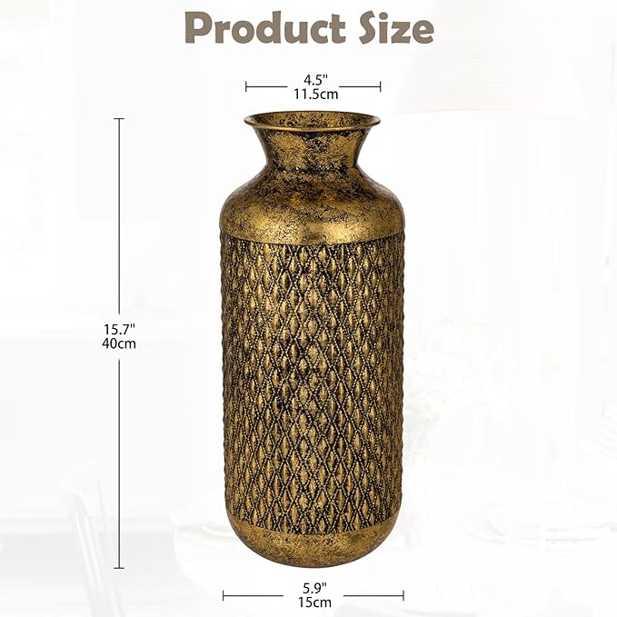Flower Vase Rustic Metal Vases, 16" Black and Gold Pattern Vase for Farmhouse Home Décor Artificial Flowers and Centerpieces
