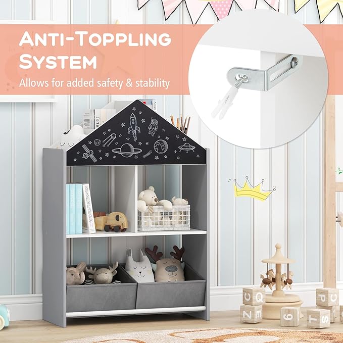 HONEY JOY Toy Storage Organizer, Wooden Dollhouse Bookcase w/Blackboard, Whiteboard, Storage Bins, Toddler Book Shelf, Children Toy Display Chest Cubby, Kids Bookshelf for Playroom Nursery (Gray)