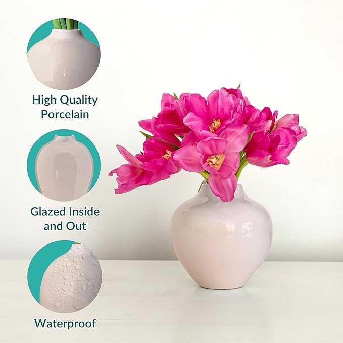 Willowy Small Pinkish-Beige Porcelain Flower Vase – 5 Inch Glossy, Ceramic Pink Vases for Home Decor, Tan Vases for Flowers, Mini/Short Beige Round Vase