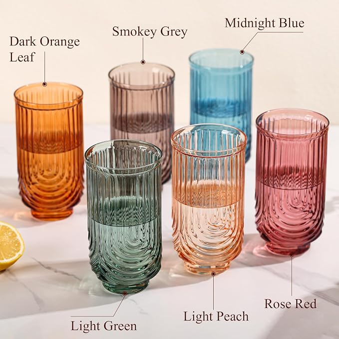 Colored Vintage Drinking Glasses Set of 6-17oz Hand-Blown Highball Ribbed Glassware, Arch Design Cocktail Glasses for Whiskey Water Beverages Ice Coffee Juice Milk