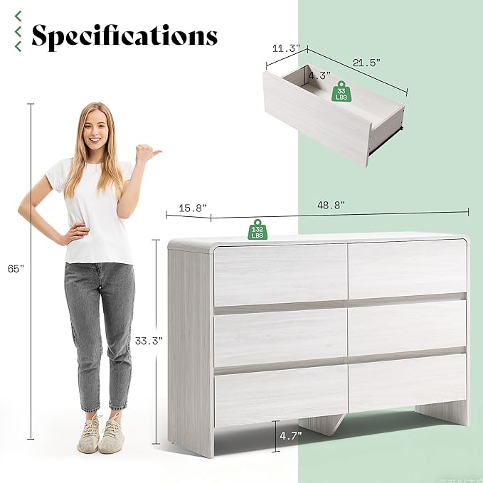 AMERLIFE 6 Drawer Dresser for Bedroom, 49" Wide Modern Chest of Storage Drawers with Rounded Corners, Anti-Tip Kit, Wood Cabinet Organizer for Closet, Living Room, Nursery, Easy Assembly, White