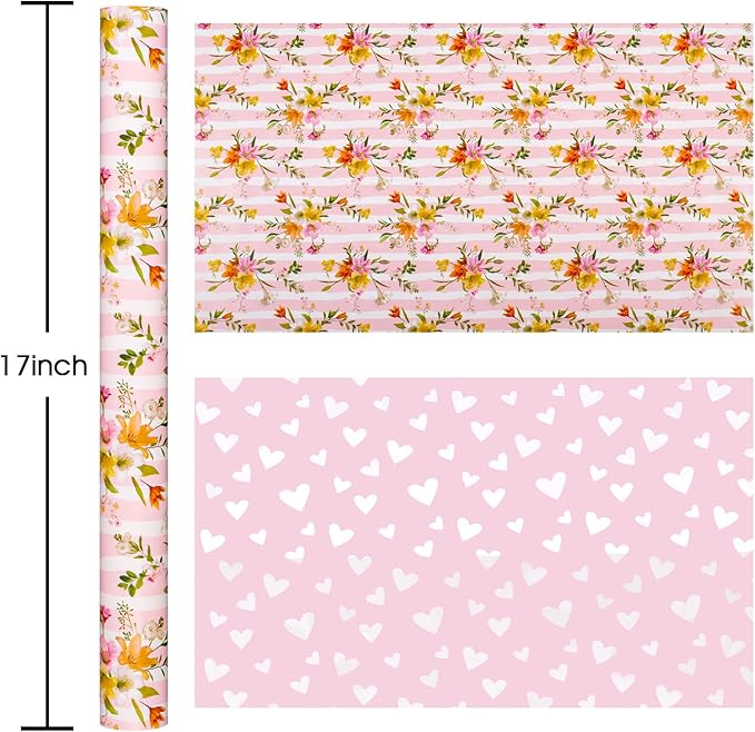 Burymento Pink Striped Flower Wrapping Paper, Reversible Pink Love Design Gift Wrap for Baby Shower, Birthday, Valentines, Mothers day, Graduation, Wedding, Fathers day, Christmas (17 Inch X 32.8 Feet)
