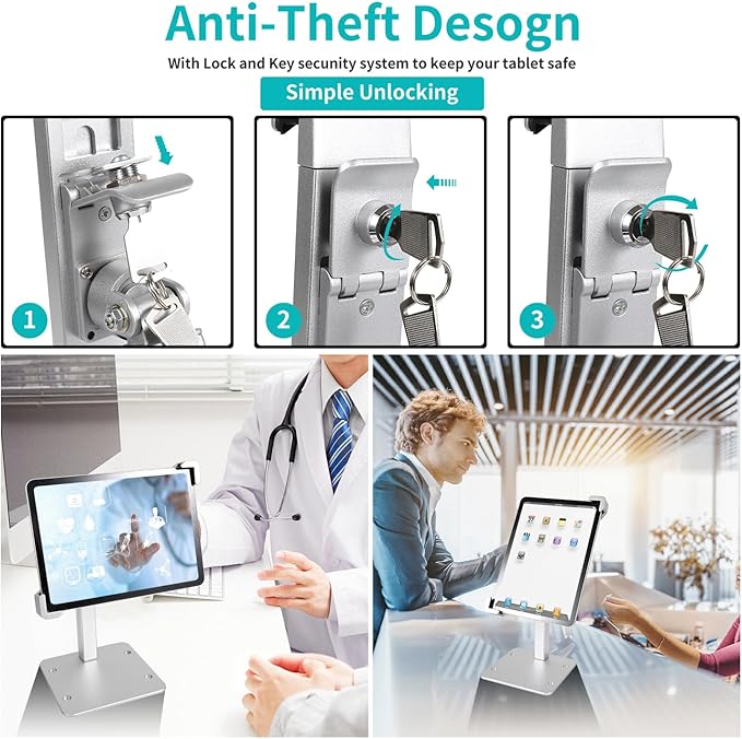 YOOZ Anti Theft Tablet Stand for Desktop, Security Tablet Mount Retail Kiosk POS, Heavy Duty Metal Tablet Holder with Lock for 7-11" Tablets, iPad Pro Air Mini, Galaxy Tabs, Surface etc