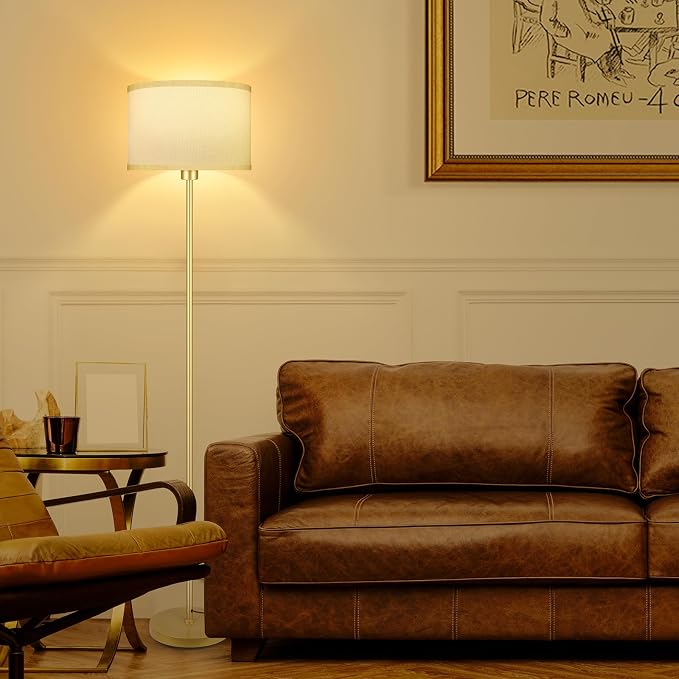 Gold Floor Lamps for Living Room, Modern Standing Lamp, White Lamp Shades, Foot Switch, Simple Pole Lamps Tall Lamp for Bedroom,Office/Living Room/Nightstand, Boho Reading Lamp(Bulb Not Included)