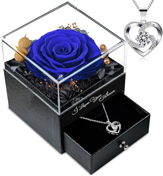 Preserved Blue Elegant Rose, 1 Count, 4.3" Square, Real Flower, Valentines Day Gifts for Her