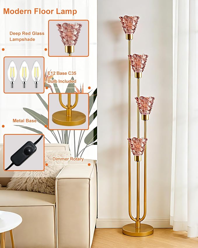 4-Light Modern Glass Floor Lamp, Gold Tall Standing Lamp with Deep Red Flower Glass Shade, Dimmable LED Floor Lamp with Line Control &5Lbs Heavy Base for Living Room Bedroom, Bulb Included